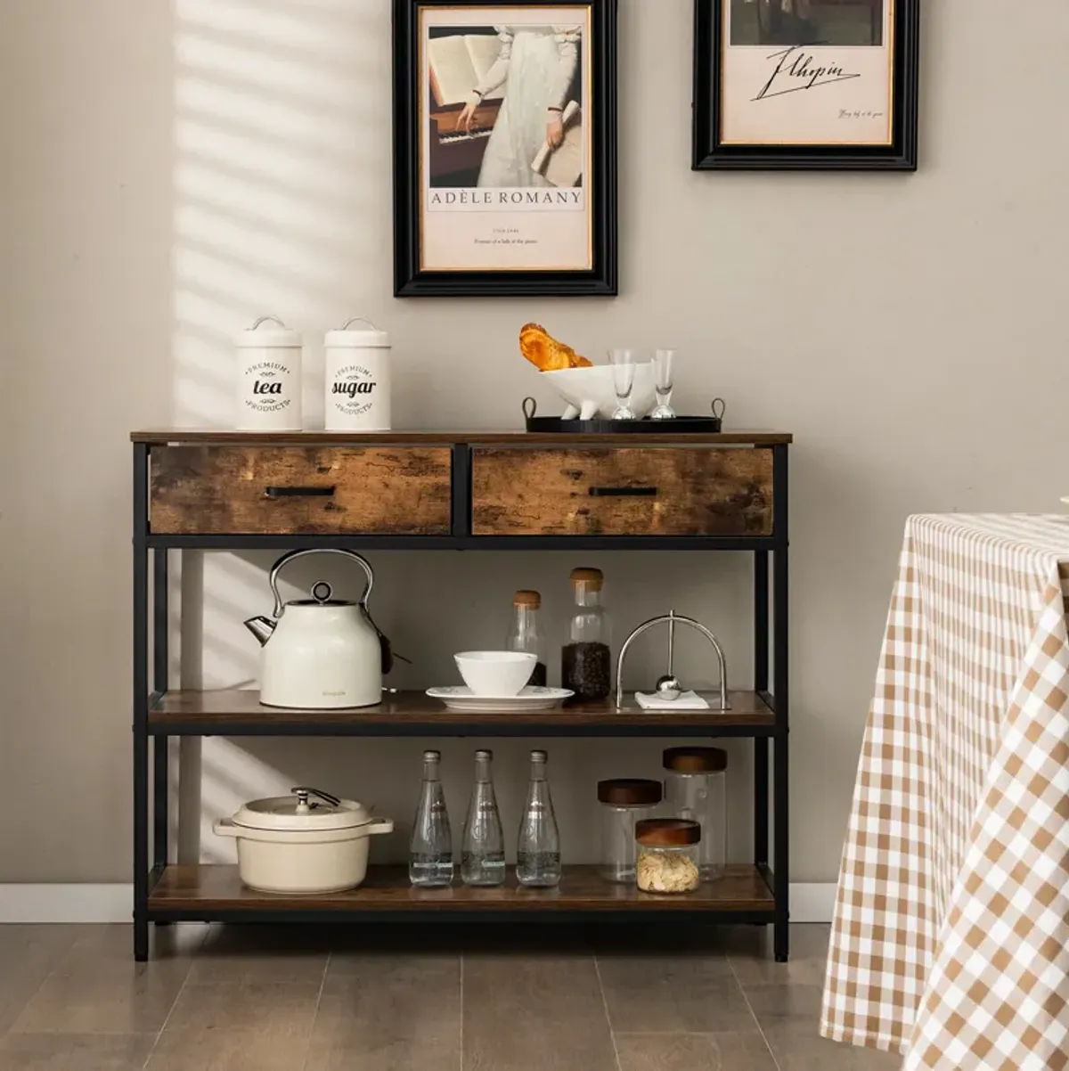 Console Table with Folding Fabric Drawers for Entryway-Rustic Brown