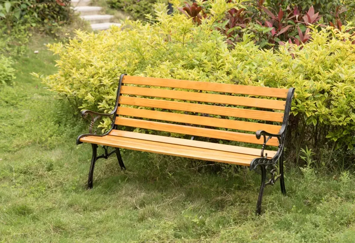 Wooden Outdoor Park Patio Garden Yard Bench with Designed Steel Armrest and Legs