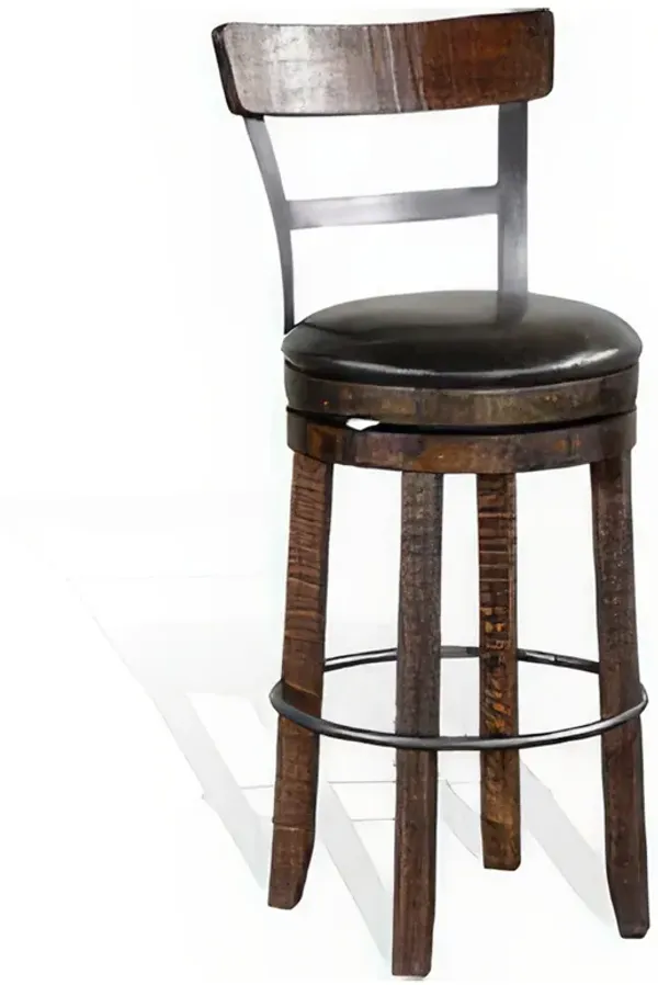 Flint Swivel Barstool Chair Set of 2, Black Faux Leather, Dark Brown - Benzara