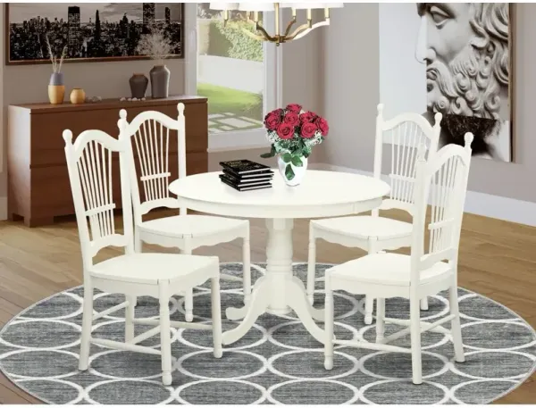 5 Pc set with a Round Dinette Table and 4 Wood Dinette Chairs in Linen White