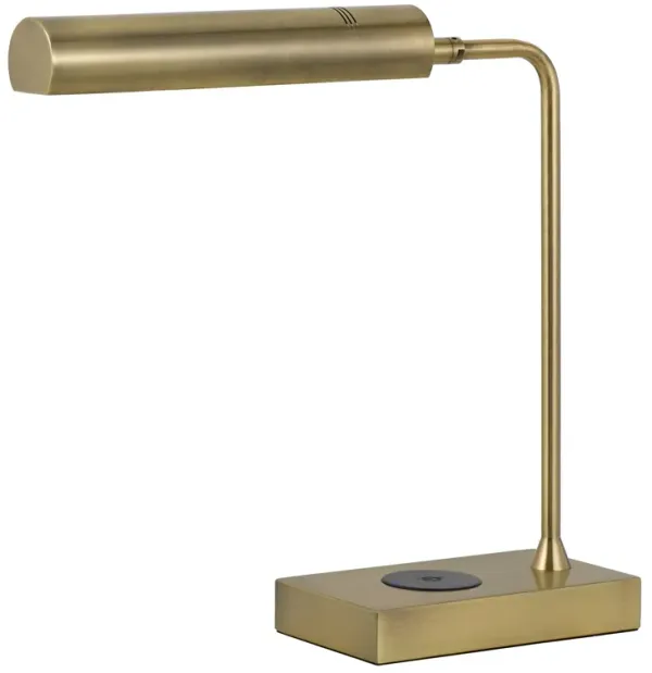 Dyna 18 Inch Integrated LED Desk Lamp, Wireless USB Port, Antique Brass - Benzara
