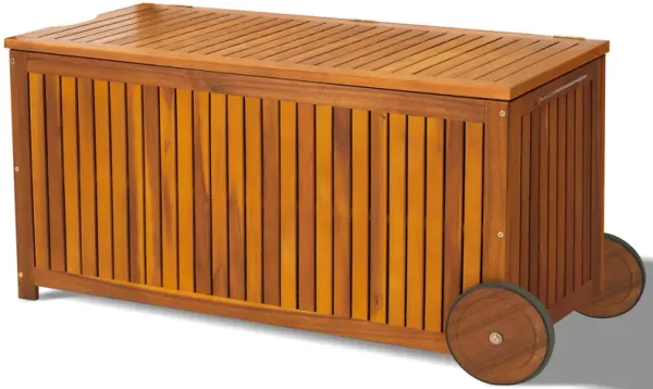 Outdoor Wood Storage Box with Wheels, Multipurpose Patio Bench & Pool Deck Container