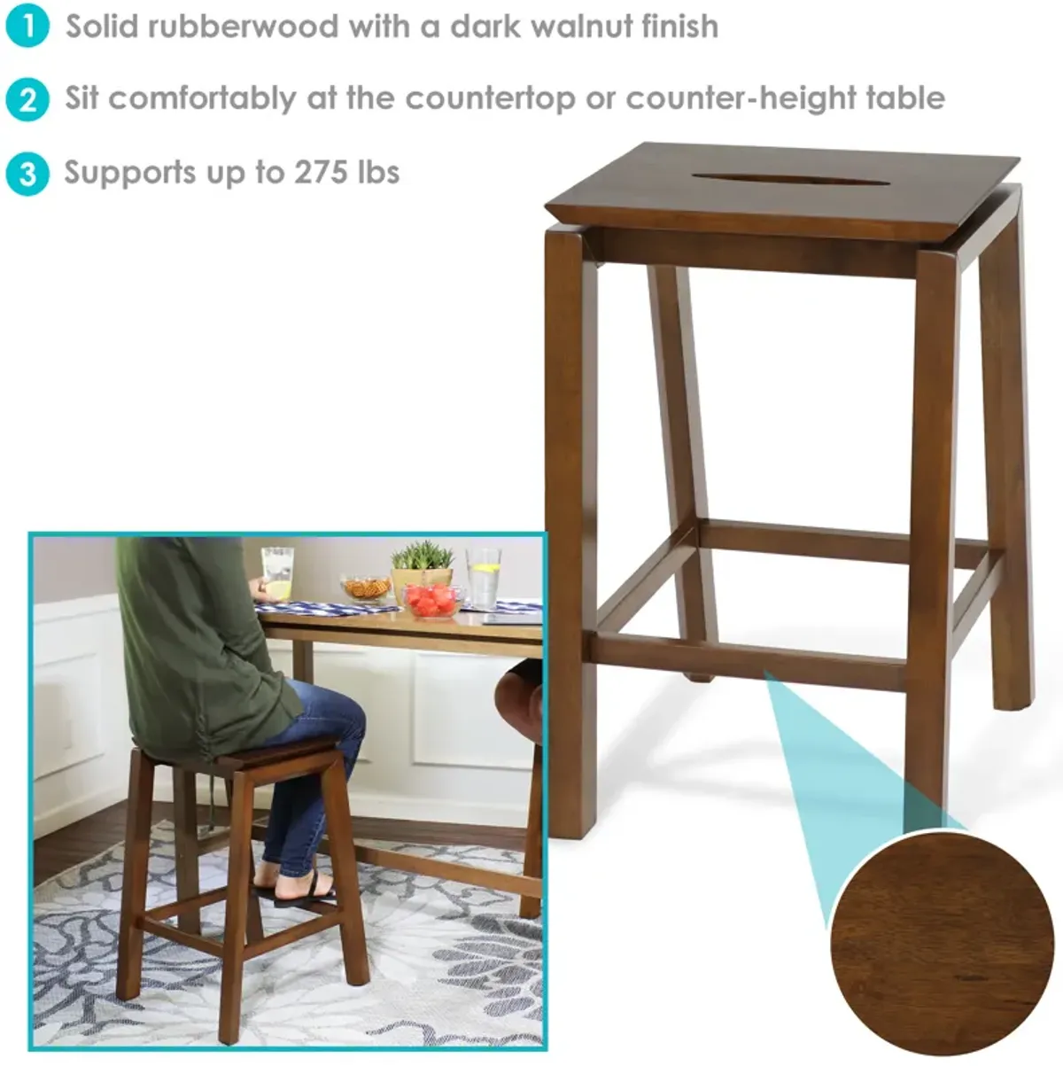 Sunnydaze Modern Wooden Counter-Height Stools - Dark Walnut - Set of 2