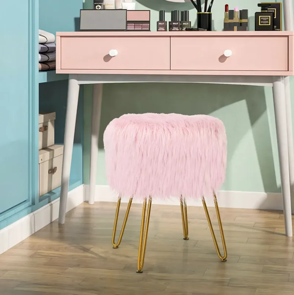 Faux Fur Vanity Stool Chair with Metal Legs for Bedroom and Living Room