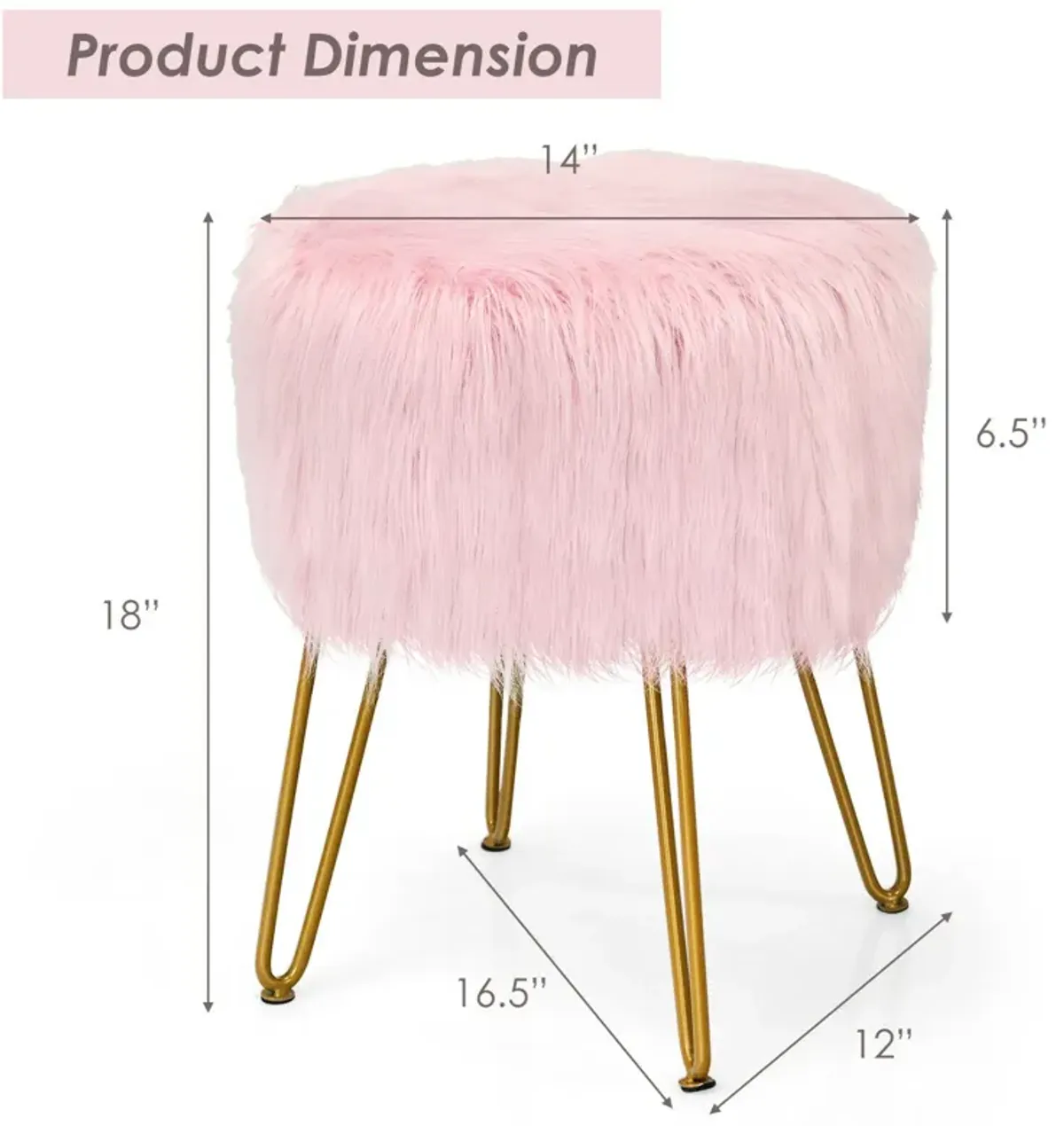 Faux Fur Vanity Stool Chair with Metal Legs for Bedroom and Living Room