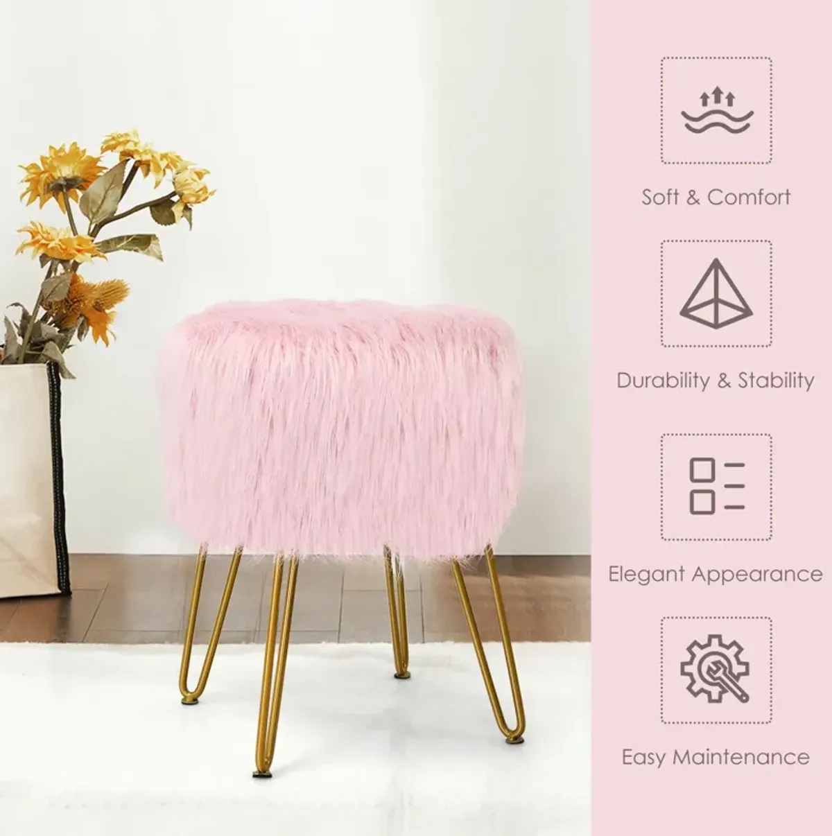 Faux Fur Vanity Stool Chair with Metal Legs for Bedroom and Living Room