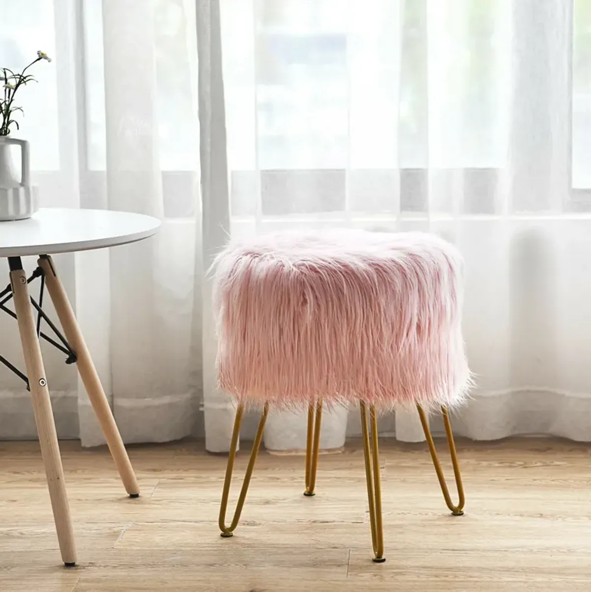 Faux Fur Vanity Stool Chair with Metal Legs for Bedroom and Living Room