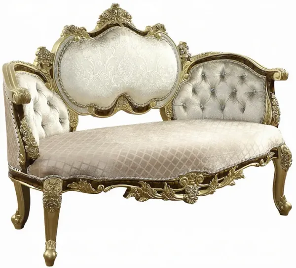 Mara Curved Bench Sofa, Wingback Crystal Tufted, Classic Gold Carvings - Benzara