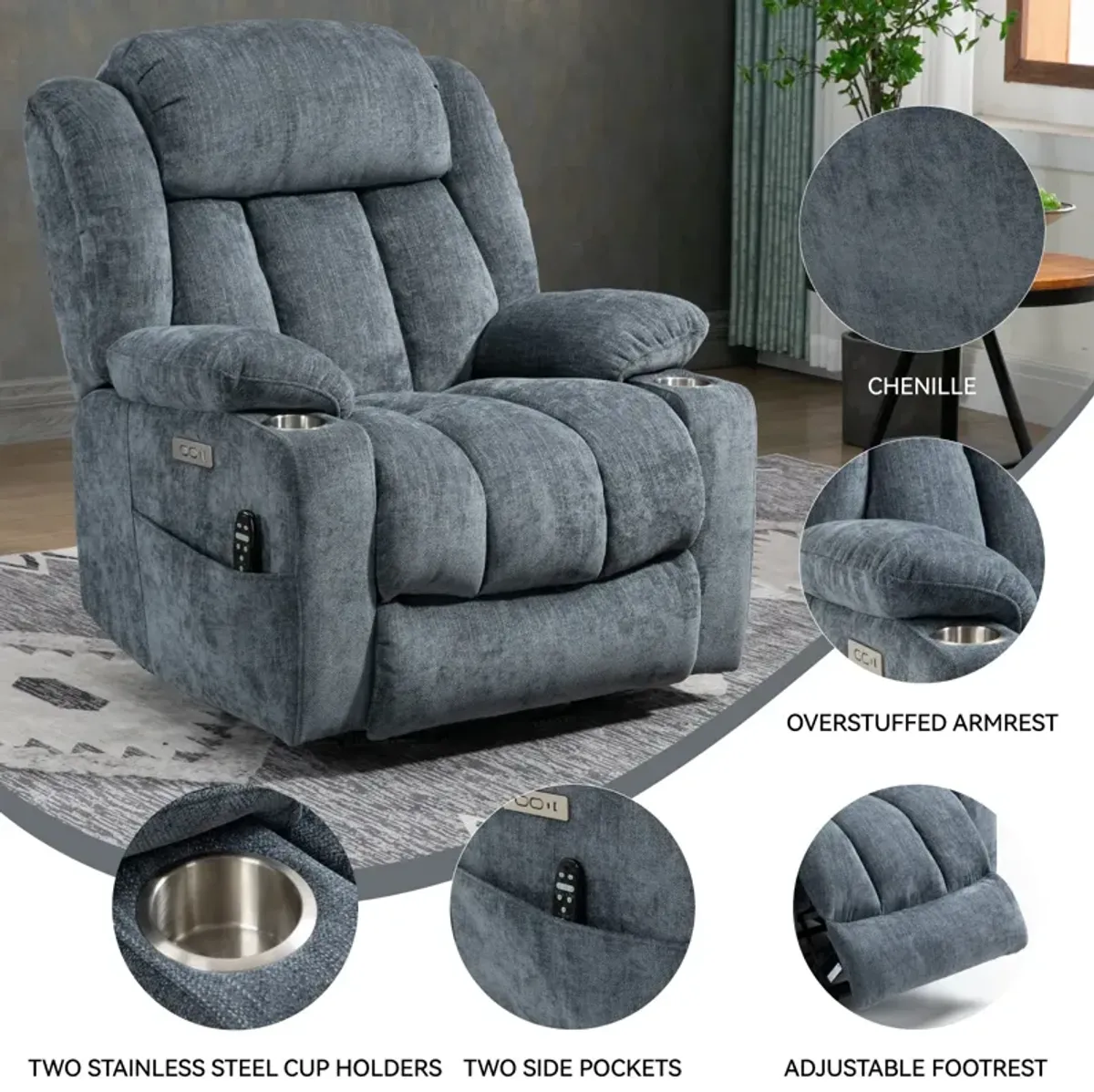 Mondawe Up to 350 LBS Chenille Power Lift Recliner Chair, Heavy Duty Motion Mechanism with 8-Point Vibration Massage and Lumbar Heating, USB and Type-C Ports, Stainless Steel Cup Holders