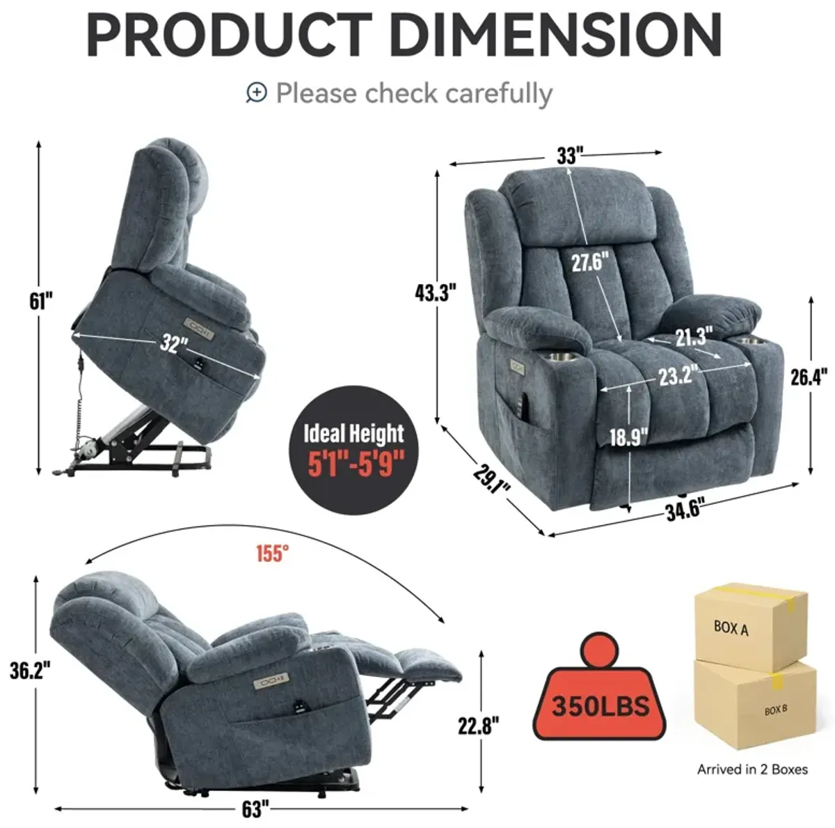 Mondawe Up to 350 LBS Chenille Power Lift Recliner Chair, Heavy Duty Motion Mechanism with 8-Point Vibration Massage and Lumbar Heating, USB and Type-C Ports, Stainless Steel Cup Holders