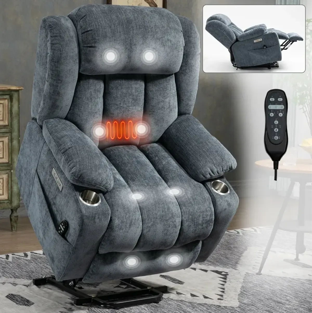 Mondawe Up to 350 LBS Chenille Power Lift Recliner Chair, Heavy Duty Motion Mechanism with 8-Point Vibration Massage and Lumbar Heating, USB and Type-C Ports, Stainless Steel Cup Holders