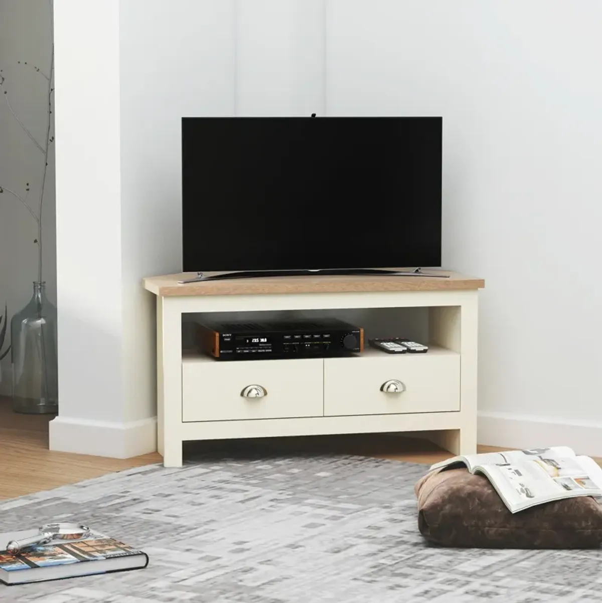 White TV Corner: Entertainment Center for 50" TV with Storage