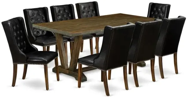 East West Furniture 9 Pc Dining Room Set - 8 Black Pu Leather Upholstered Chair Button Tufted with Nail heads and Kitchen Table - Distressed Jacobean Finish