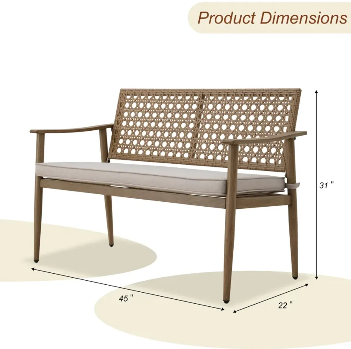 MONDAWE 2-Person Wicker Beige Rattan Outdoor Bench Chair with White Cushion