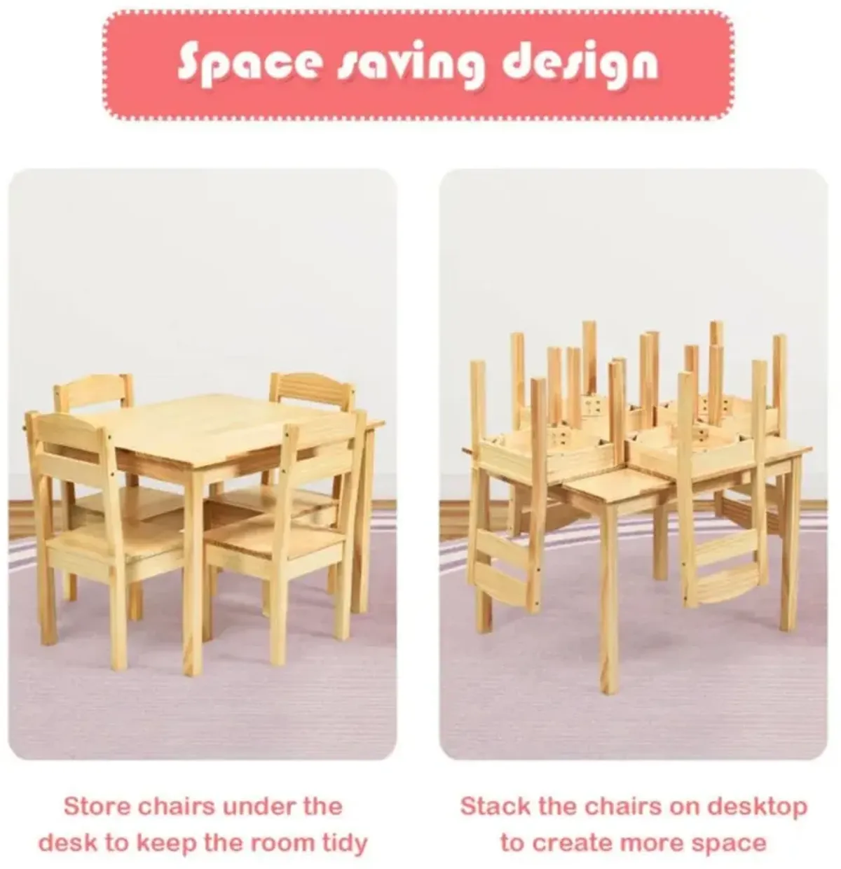 Hivvago 5 pcs Kids Pine Wood Table Chair Set