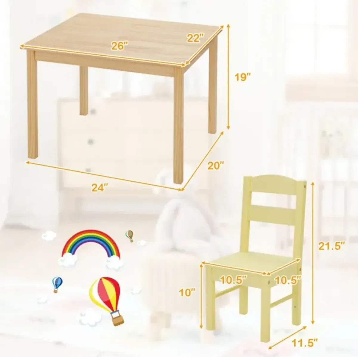 Hivvago 5 pcs Kids Pine Wood Table Chair Set