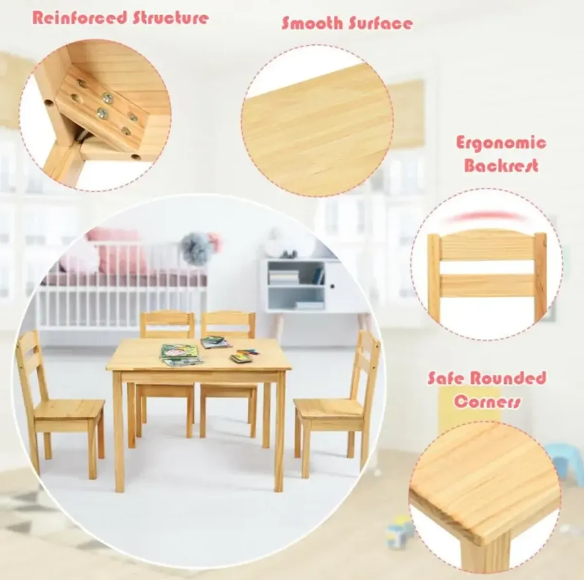 Hivvago 5 pcs Kids Pine Wood Table Chair Set