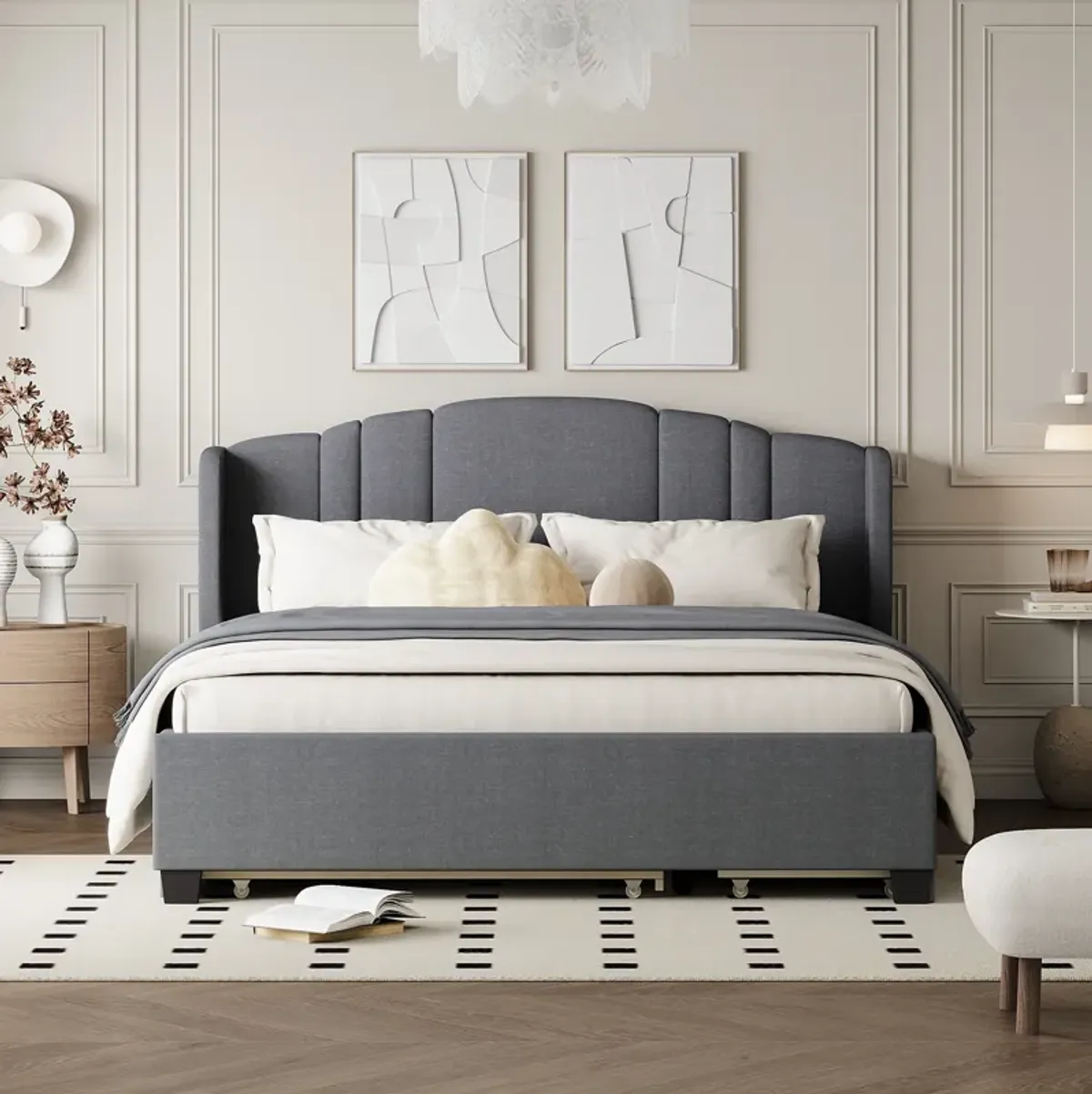 Merax Linen Platform Bed with Twin Trundle and Drawers