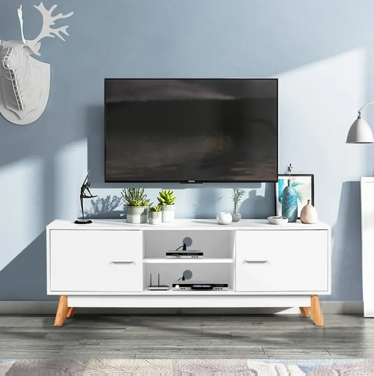 Hivvago Modern 55-inch Solid Wood TV Stand in White Finish and Mid-Century Legs