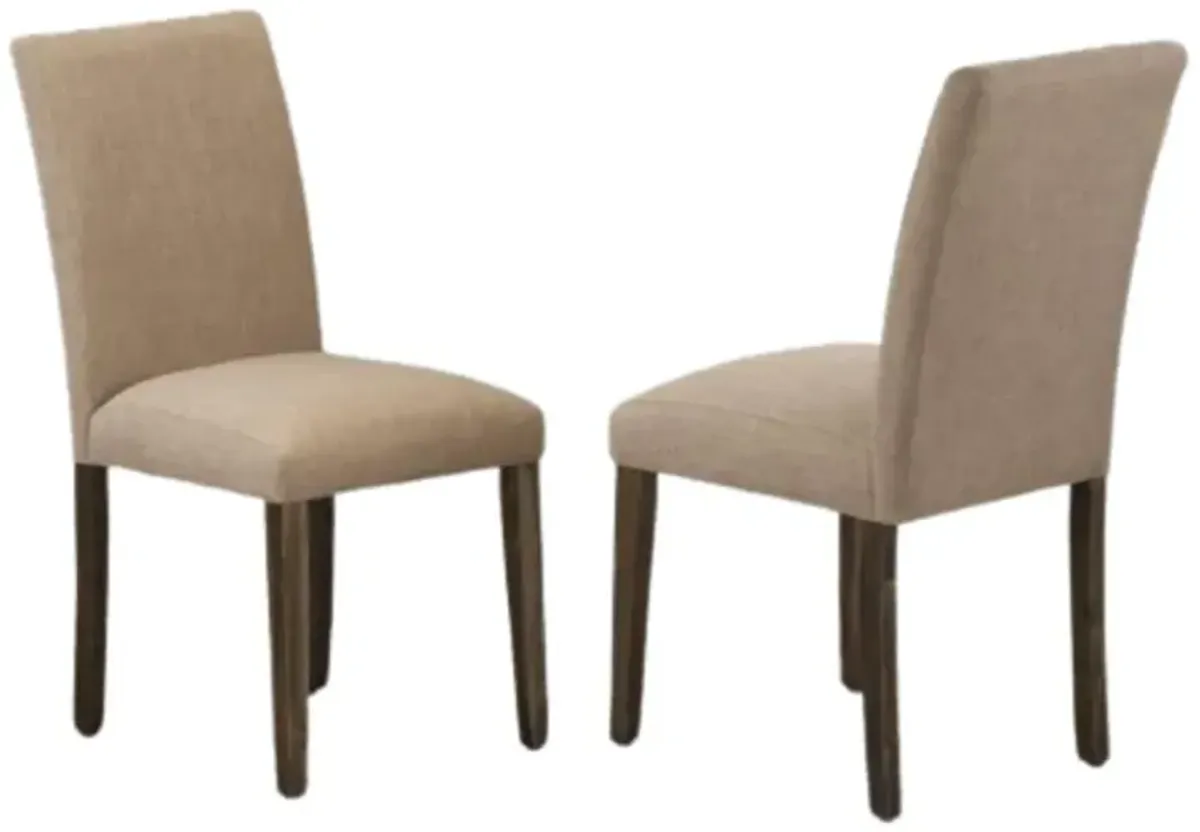 East West Furniture Set of 2 Parsons Chairs - Light Sable Linen Fabric Seat and High Back - Distressed Jacobean Finish