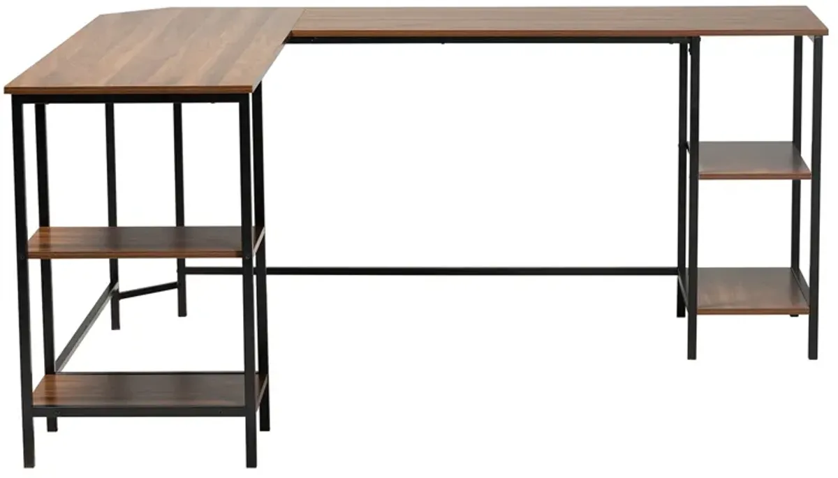 Baxton Studio Lydia Walnut Brown Finished and Black Metal L-Shaped Corner Desk with Shelves