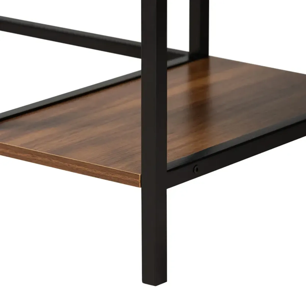 Baxton Studio Lydia Walnut Brown Finished and Black Metal L-Shaped Corner Desk with Shelves