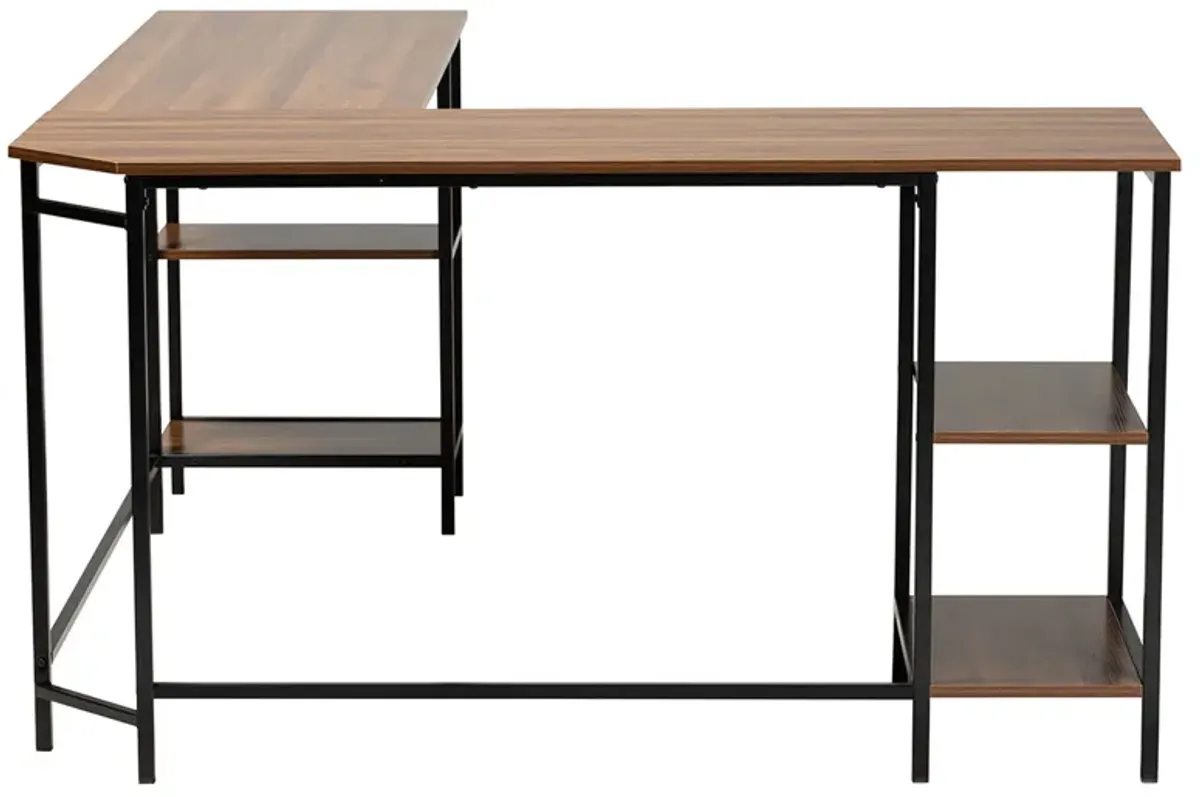 Baxton Studio Lydia Walnut Brown Finished and Black Metal L-Shaped Corner Desk with Shelves