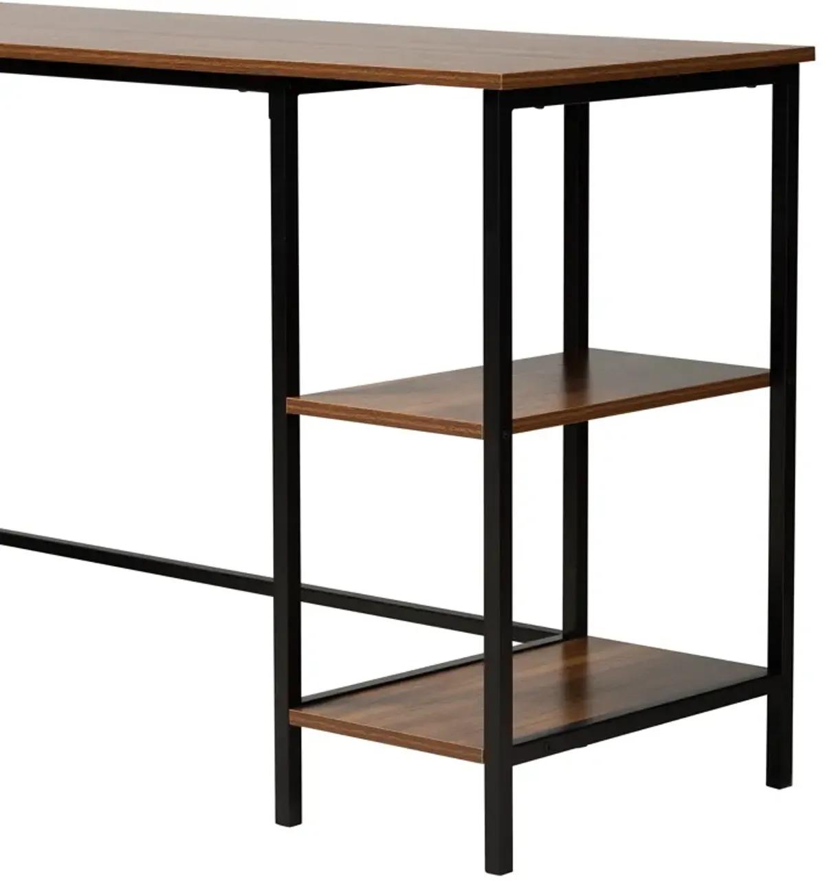 Baxton Studio Lydia Walnut Brown Finished and Black Metal L-Shaped Corner Desk with Shelves