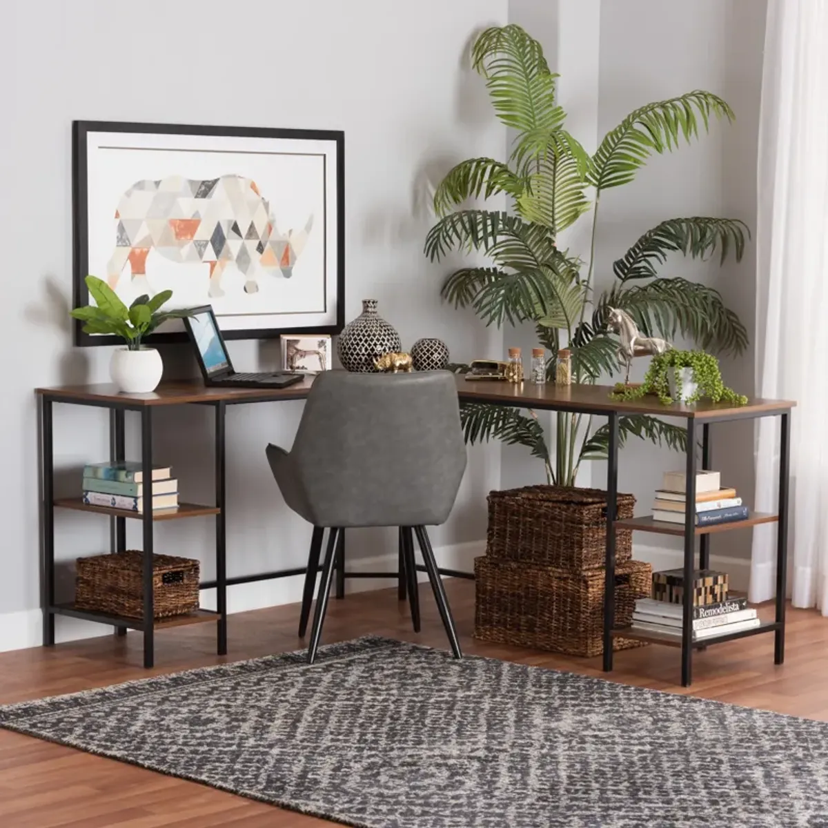 Baxton Studio Lydia Walnut Brown Finished and Black Metal L-Shaped Corner Desk with Shelves