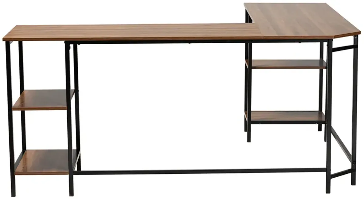 Baxton Studio Lydia Walnut Brown Finished and Black Metal L-Shaped Corner Desk with Shelves