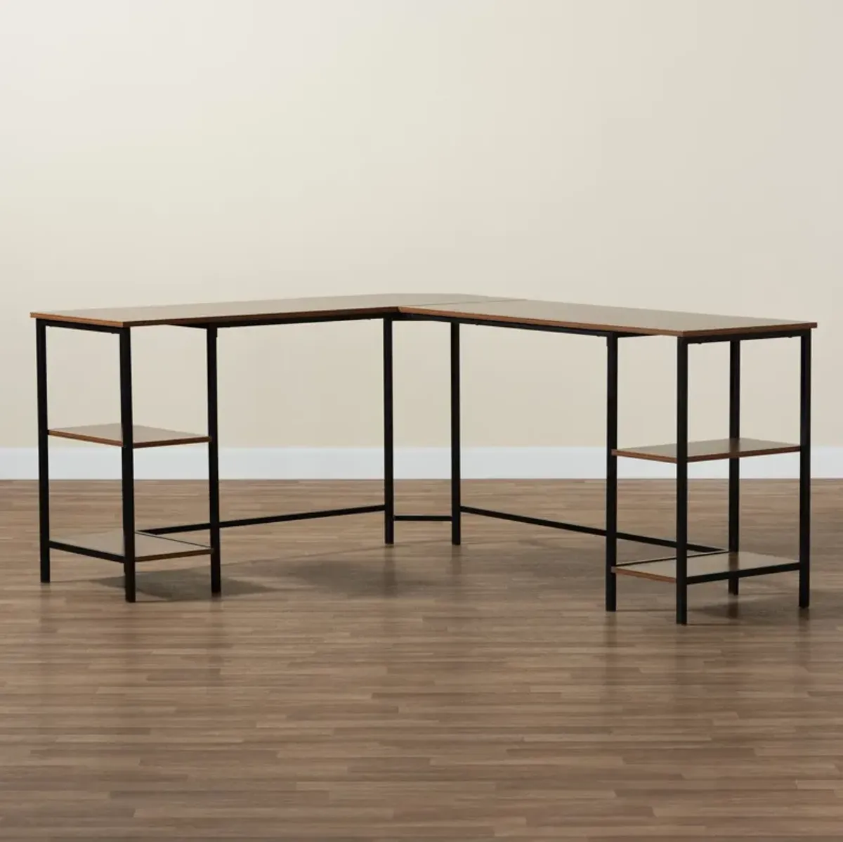 Baxton Studio Lydia Walnut Brown Finished and Black Metal L-Shaped Corner Desk with Shelves