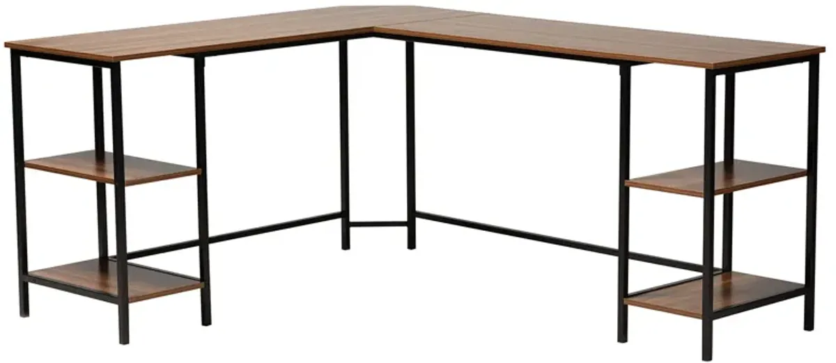 Baxton Studio Lydia Walnut Brown Finished and Black Metal L-Shaped Corner Desk with Shelves