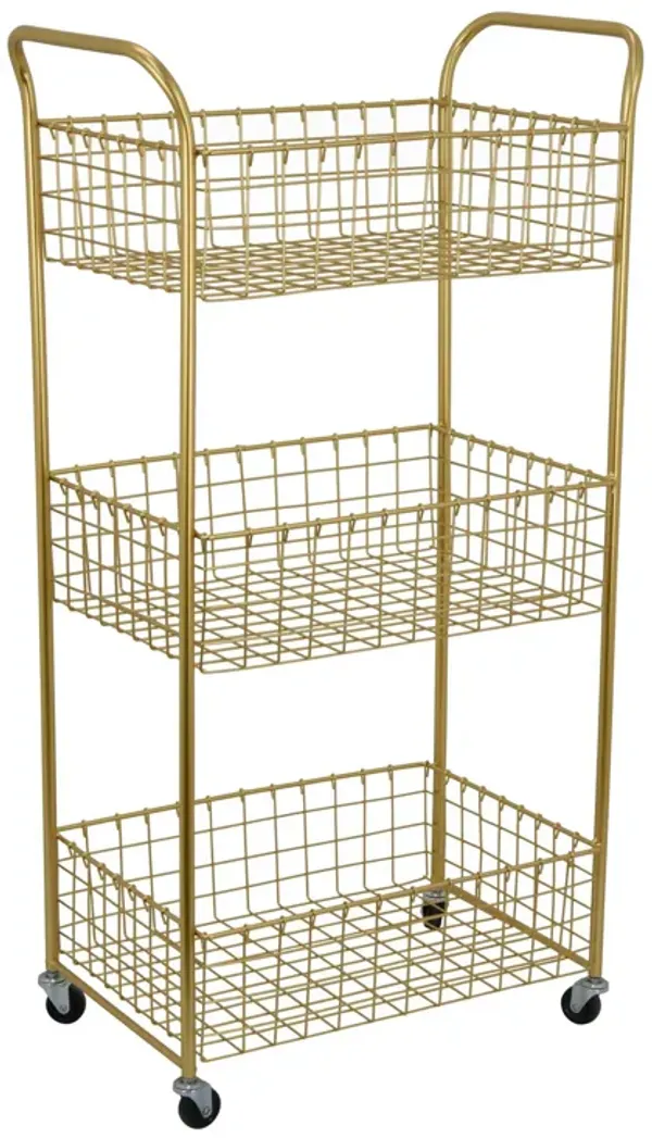 Kitchen Bar Cart, Caster Wheels, 3 Tier Design, 39 Inch Gold Metal - Benzara