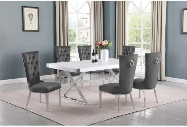 Best Quality Furniture 7pc Small(78) white wood top dining set with silver base and 6 chiars