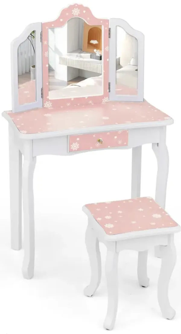 Princess Pretend Play Makeup Table and Stool Set with Tri-folding Mirror
