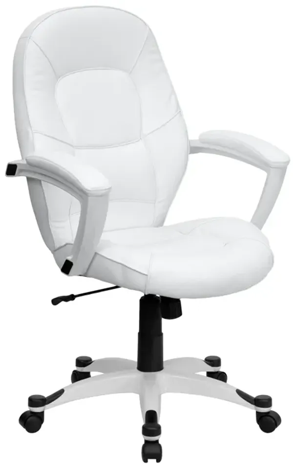 Quincey Mid-Back White LeatherSoft Tapered Back Executive Swivel Office Chair with White Base and Arms