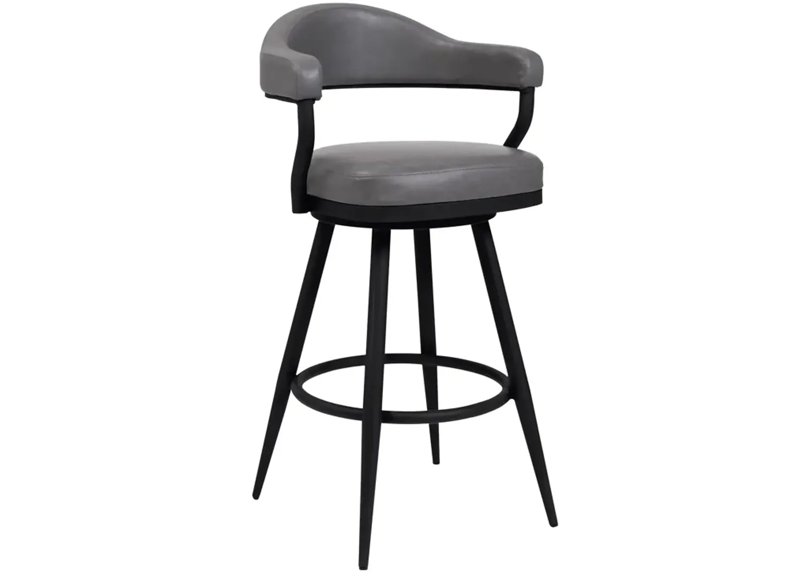 Knw 30 Inch Swivel Barstool Armchair, Black, Vintage Gray Faux Leather-Benzara