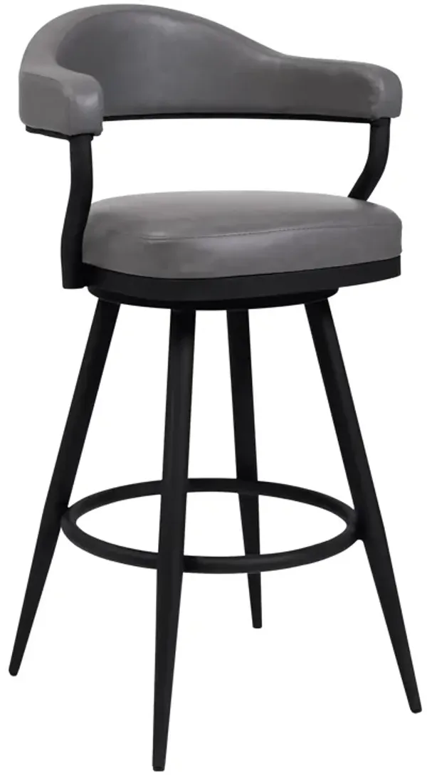 Knw 30 Inch Swivel Barstool Armchair, Black, Vintage Gray Faux Leather - Benzara