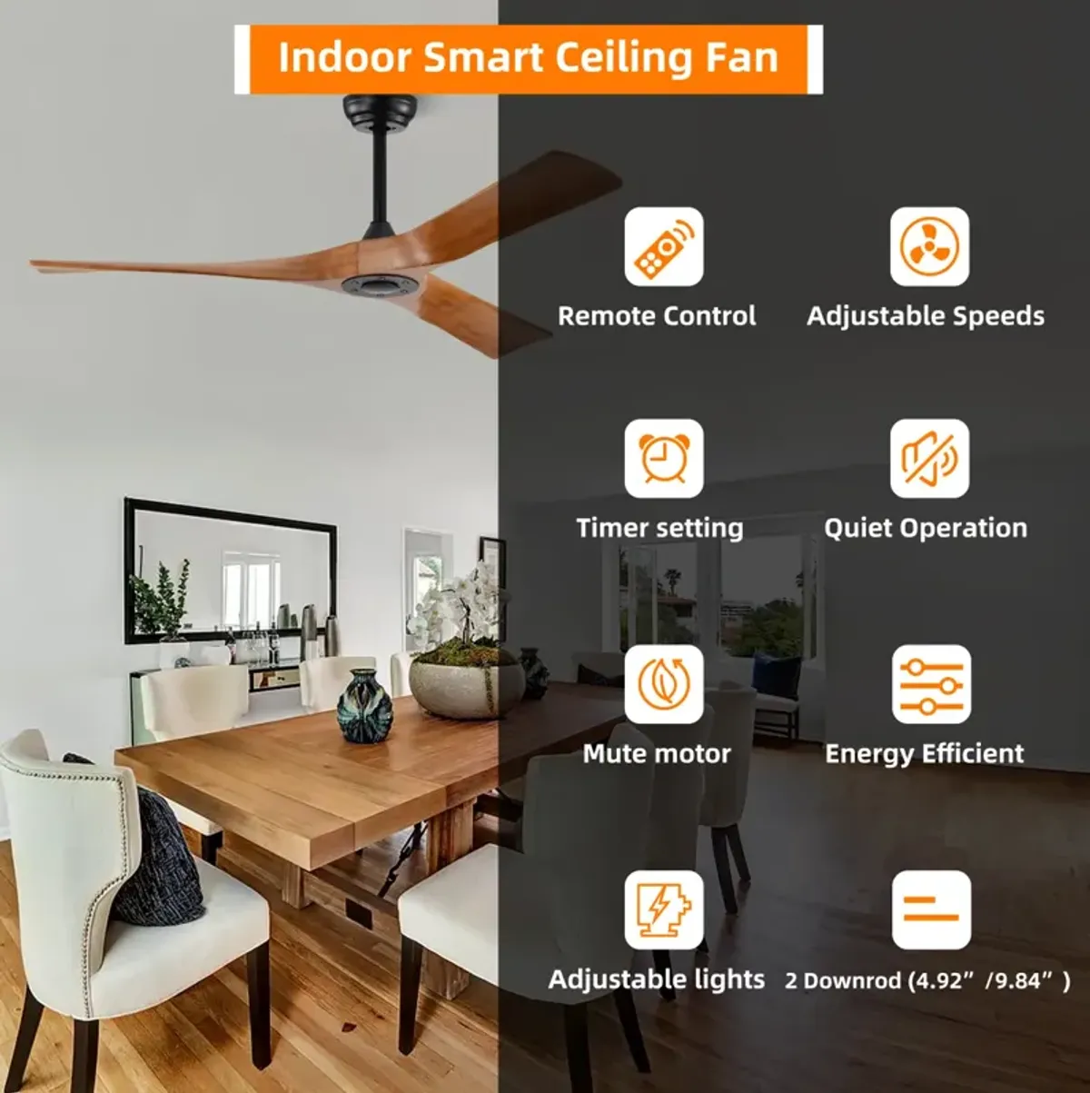 Modern 52" Ceiling Fan with Remote Control, Reversible Motor