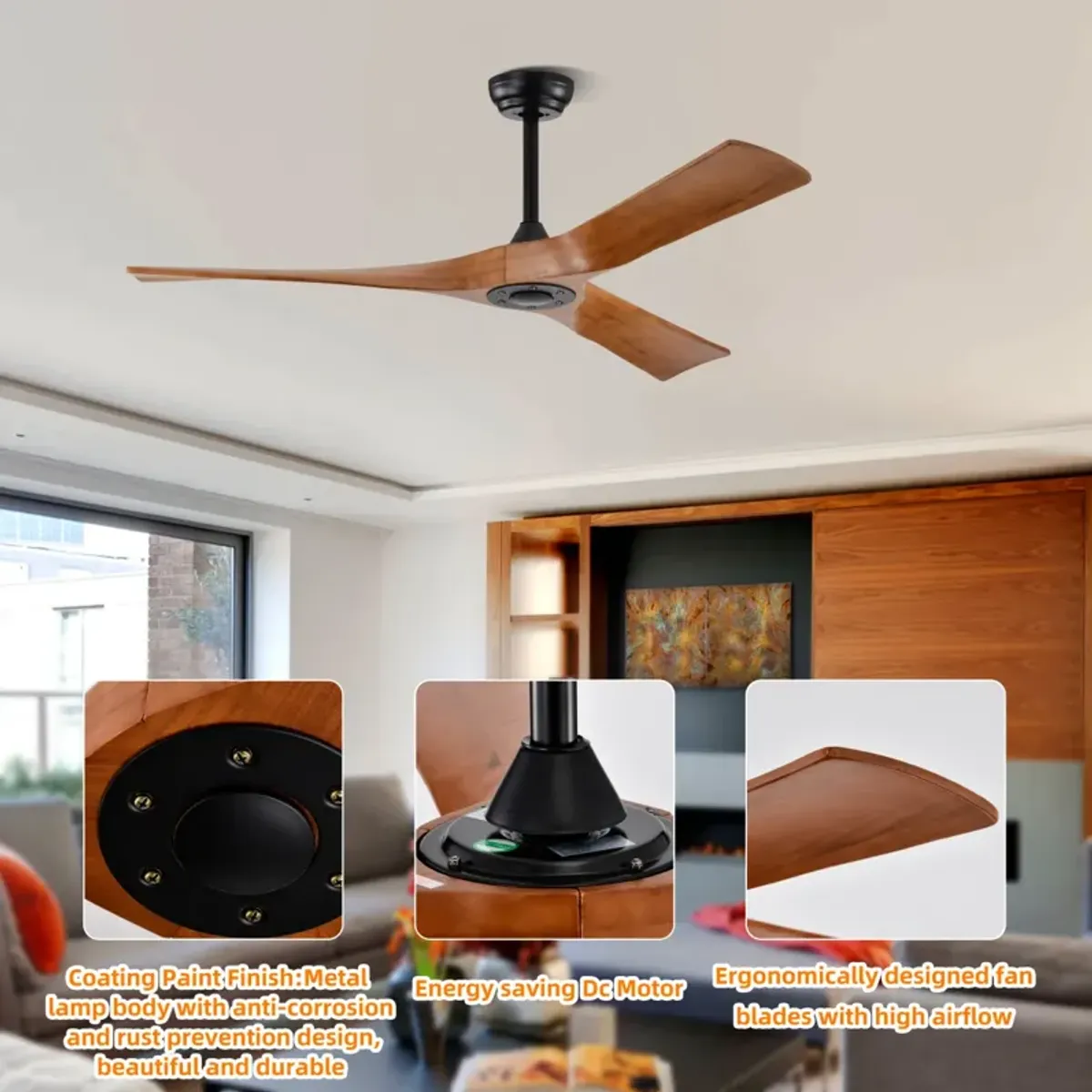 Modern 52" Ceiling Fan with Remote Control, Reversible Motor