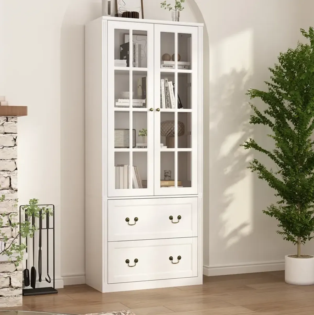 White Wooden 31.5 in. W Buffet Pantry Cabinet Kitchen Cabinet with Adjustable Shelves and Tempered Glass Doors, Drawers