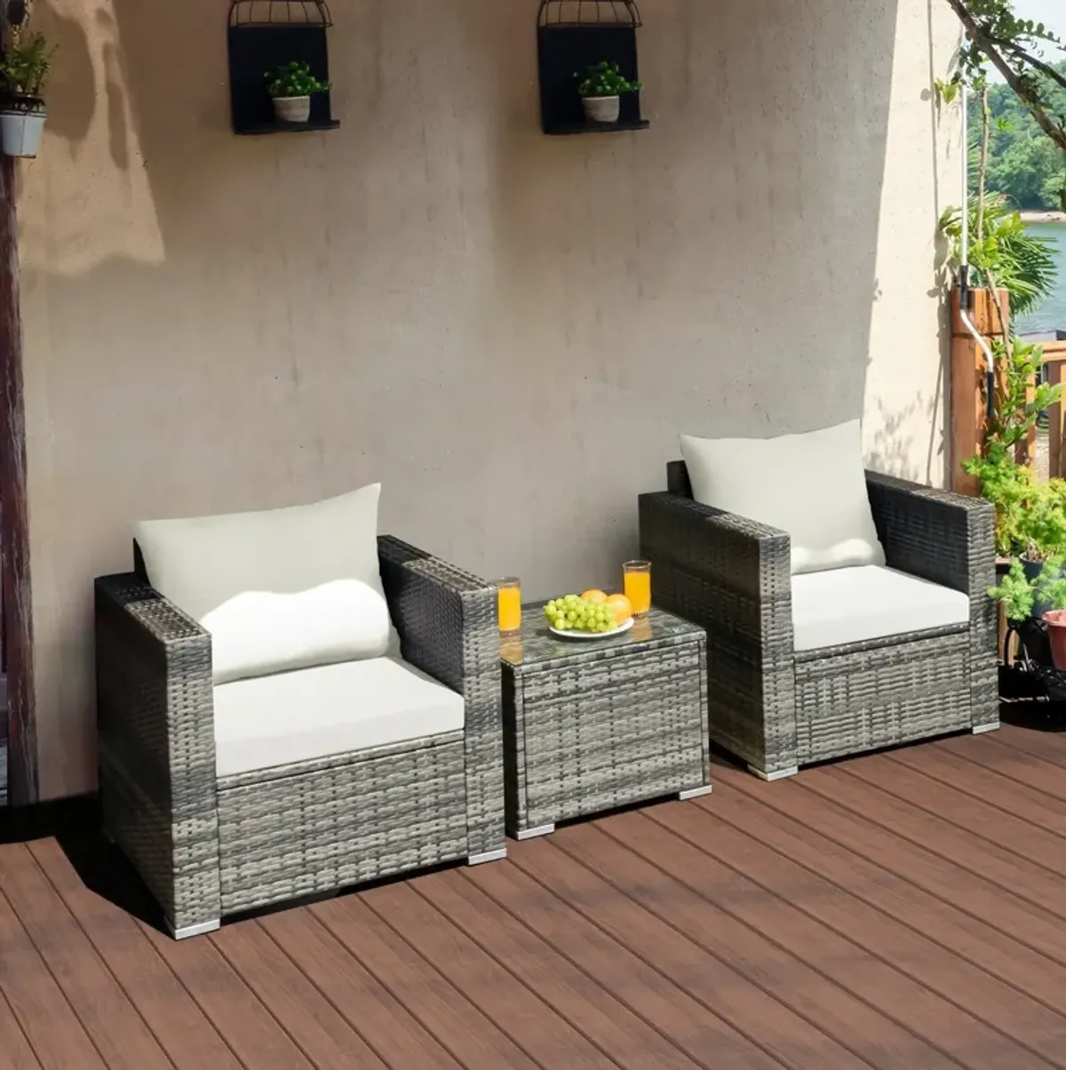 3 Pcs Patio Rattan Furniture Bistro Sofa Set with Cushioned