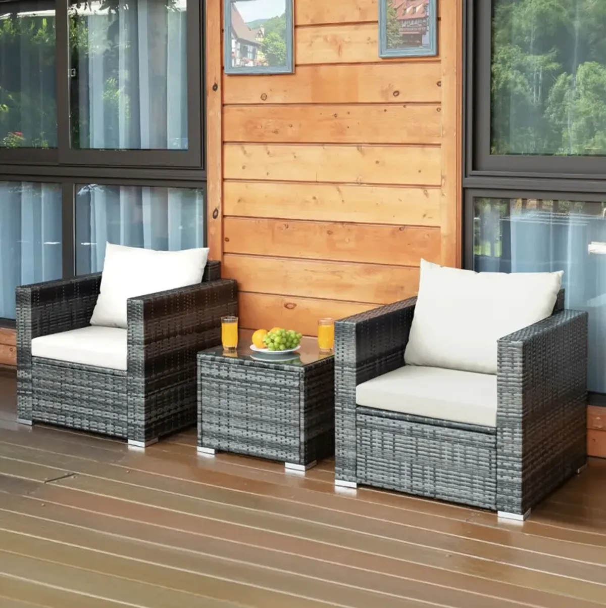 3 Pcs Patio Rattan Furniture Bistro Sofa Set with Cushioned