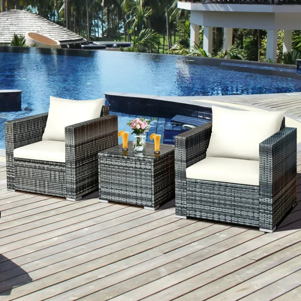 3 Pcs Patio Rattan Furniture Bistro Sofa Set with Cushioned