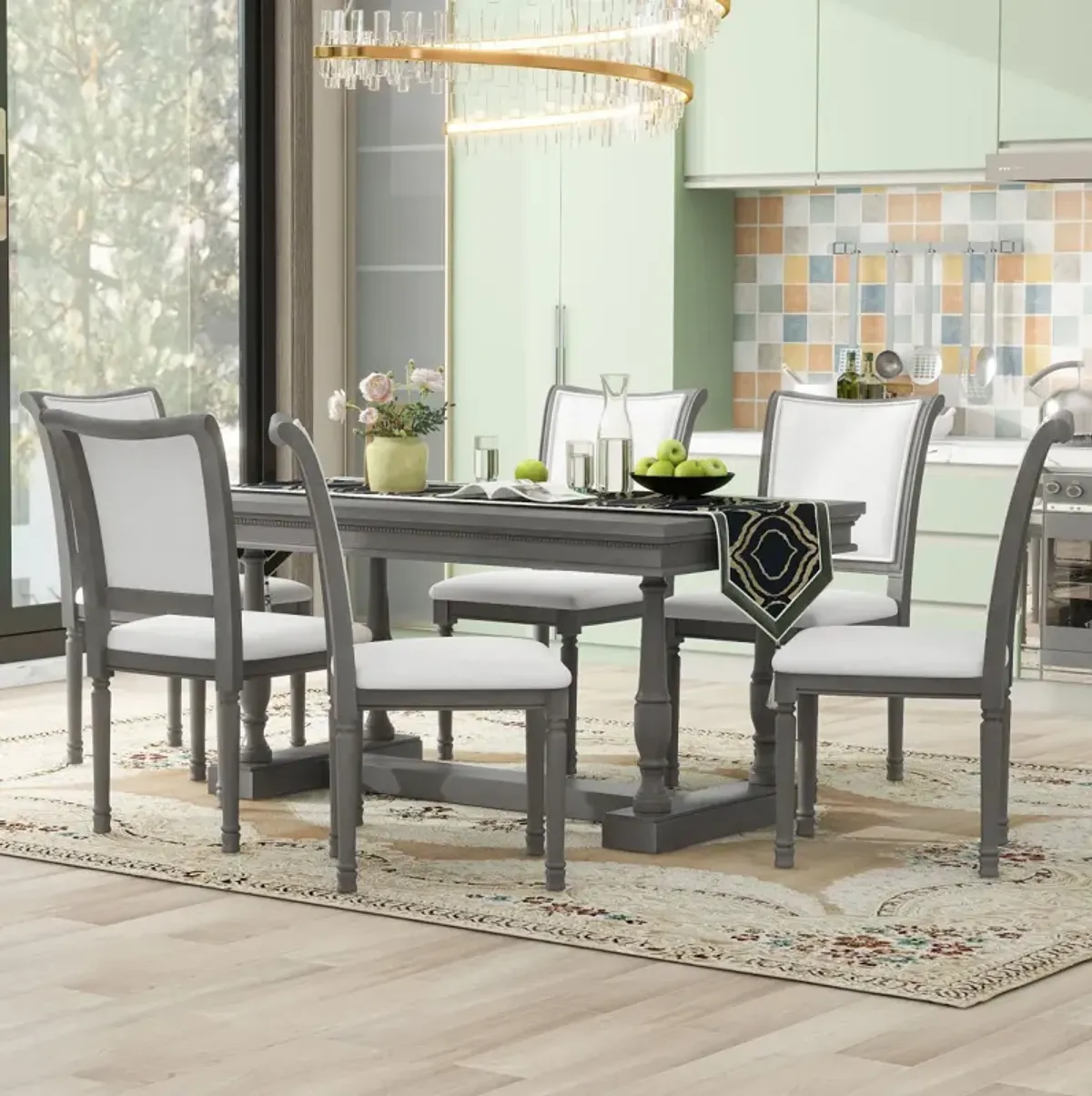 7-Piece Trestle Dining Set with 6 Upholstered Chairs