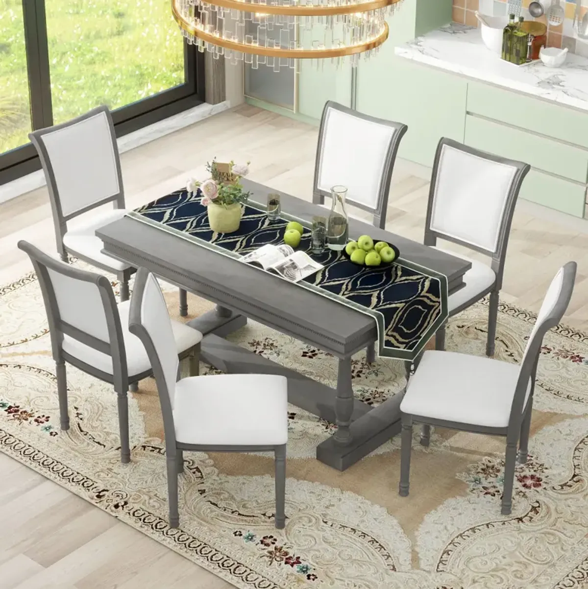 7-Piece Trestle Dining Set with 6 Upholstered Chairs