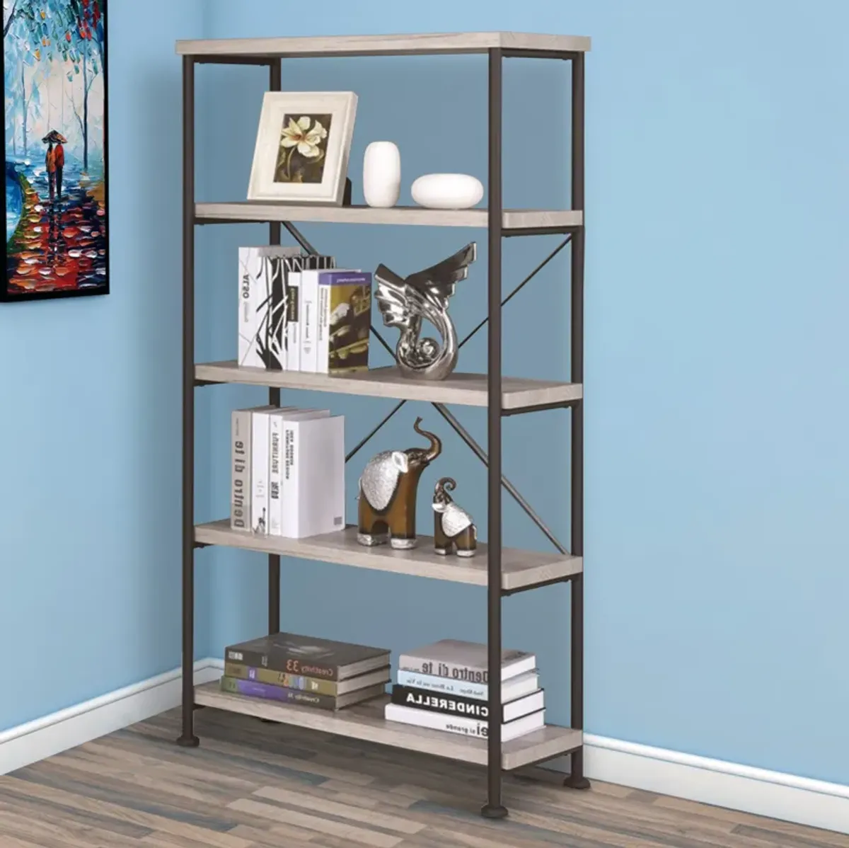 Sophisticated Wood and Metal Open Bookcase, Gray-Benzara