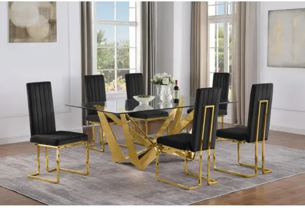 7pc Small(78") glass dining set with gold base and 6 Black side chairs