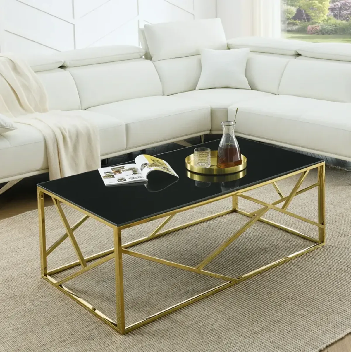 Rectangular Glass Top Coffee Table with Stainless Steel Frame