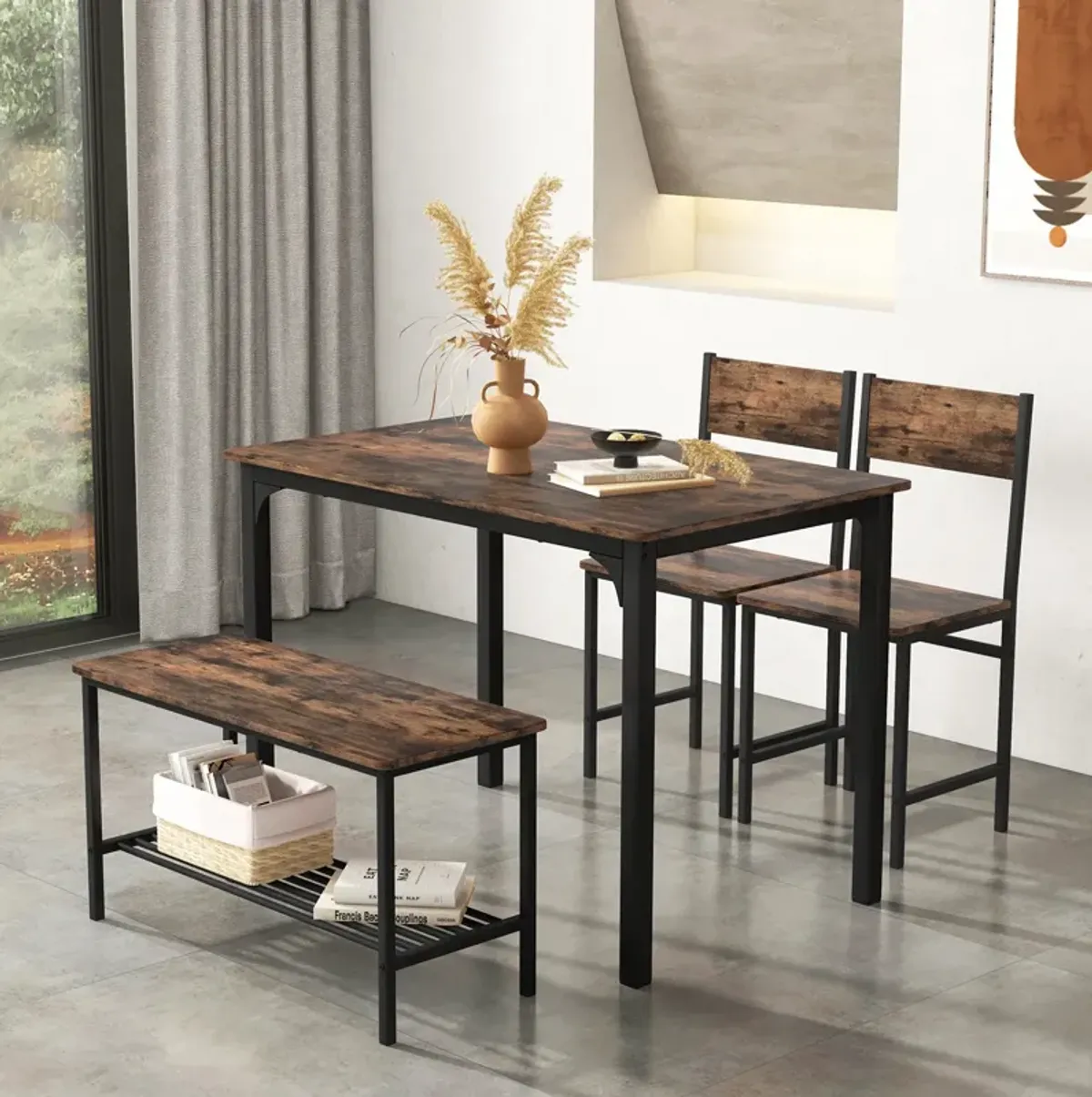 4 Pieces Rustic Dining Table Set with 2 Chairs and Bench